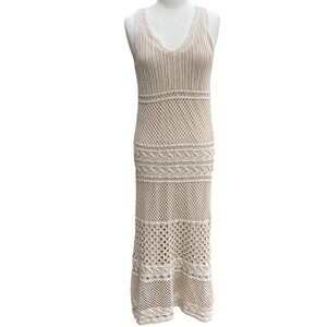 Solitaire Crochet Maxi Dress Open Knit Oatmeal Lined Cover-Up Boho Resortwear-M